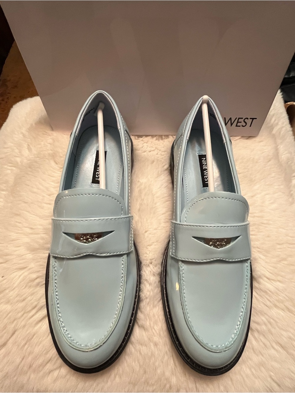 Nine West Pale Blue Patent Penny Loafers